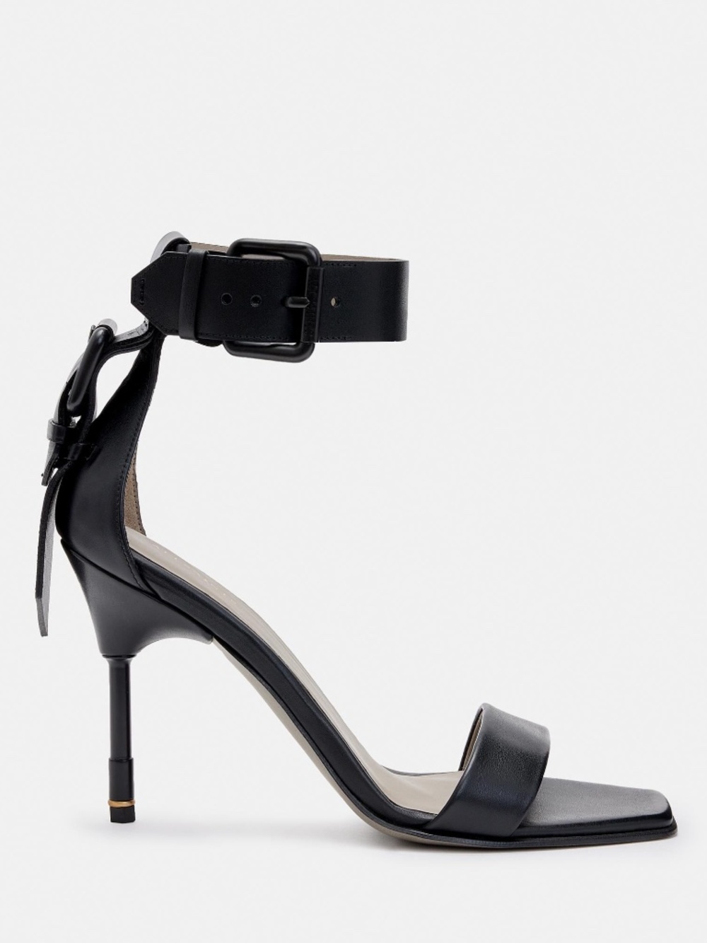 NWOB AllSaints Noir Square Toe Leather Ankle Strap Sandal, Black, Size 38 / 8